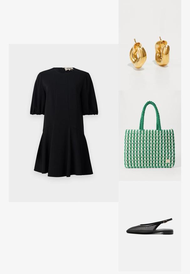 Zwart jurk met een ronde halslijn, korte puffmouwen en een uitlopende rok. Gemaakt van een soepel materiaal met naaddetails.; Zwarte slingback platte schoen met puntige neus, mesh bovenwerk, verstelbare gespsluiting en lage gestapelde hak op witte achtergrond.; Groene en witte geweven tote bag met een gestructureerde rechthoekige vorm, textuur afwerking en twee stevige handvatten. Heeft een logo label aan de zijkant.; Dik gouden creolen met een licht gedraaide, buisvormige ontwerp en een schroefsluiting op een witte achtergrond.