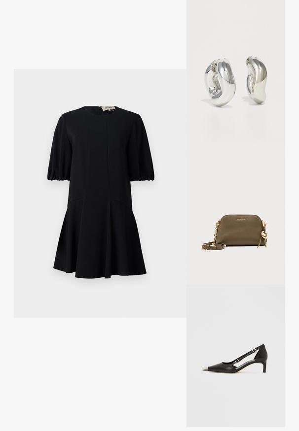 Vestido negro con un escote redondo, mangas cortas abullonadas y una falda acampanada. Fabricado en un tejido suave con detalles de costura.; Zapato de tacón bajo tipo kitten heel de cuero negro con puntera plateada puntiaguda y correas dobles con hebilla sobre un fondo blanco.; Bolso bandolera Michael Kors de cuero verde oliva con correa de cadena dorada, charm de logo dorado y pequeño nombre de la marca en relieve en el frente.; Pendientes escultóricos de plata con formas suaves y curvas y superficies reflectantes. Presentan un diseño de aro cerrado y una forma orgánica distintiva.