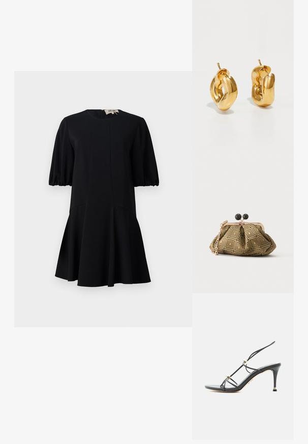 Vestido negro con un escote redondo, mangas cortas abullonadas y una falda acampanada. Fabricado en un tejido suave con detalles de costura.; Sandalia de tacón alto negra con tiras delgadas y detalles de cuentas doradas en un tacón de aguja puntiagudo.; Pequeño bolso de mano con patrón geométrico en dorado y negro, marco metálico dorado, cierre de bola negro y una corta correa de cadena dorada.; Pendientes de aro grueso en oro con un diseño tubular ligeramente retorcido y cierre de presión, sobre un fondo blanco.