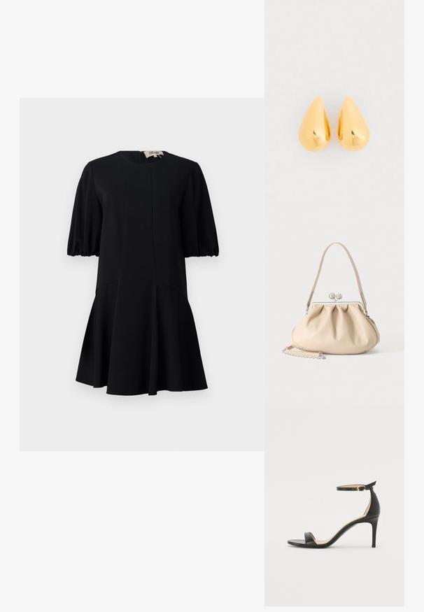 Vestido negro con un escote redondo, mangas cortas abullonadas y una falda acampanada. Fabricado en un tejido suave con detalles de costura.; Sándalo de tacón alto de piel negra con tiras en el tobillo. Presenta una textura suave, puntera abierta y un tacón delgado. Detalles de hebilla en tono dorado.; Bolso de mano de cuero suave beige con cierre de marco metálico plateado, una correa para el hombro y una correa de cadena opcional sobre un fondo blanco.; Pendientes de lágrima de oro con una superficie lisa y pulida y fondos redondeados, que reflejan la luz con un acabado brillante.