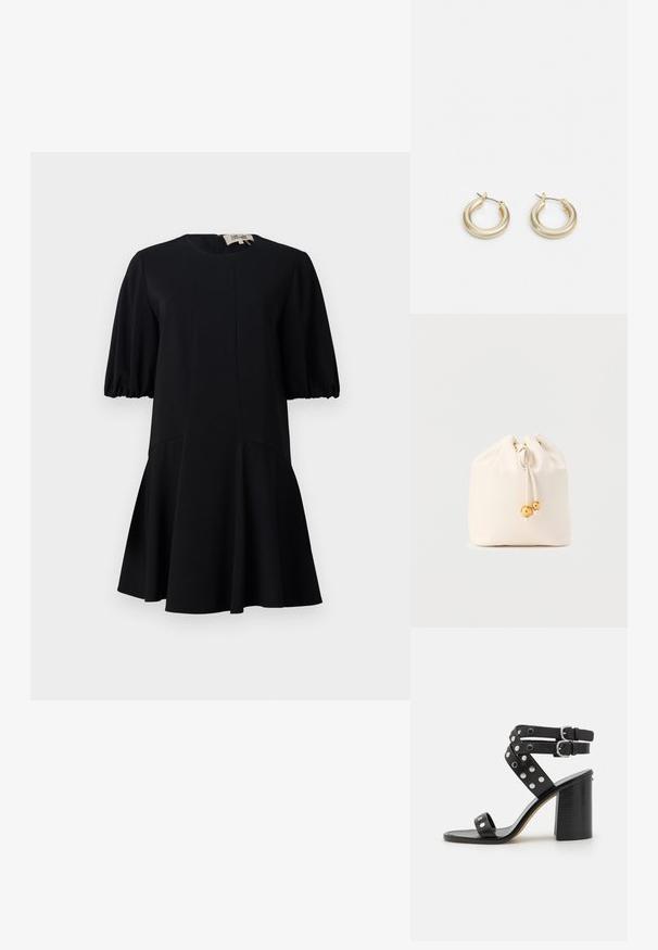 Schwarzes Kleid mit rundem Halsausschnitt, kurzen Puffärmeln und ausgestelltem Rock. Hergestellt aus einem glatten Stoff mit Nahtdetails.; Schwarze High-Heel-Sandale mit strukturierter Blockabsatz, doppelten Schnallen an den Knöchelriemen und silbernen, runden Nieten auf gekreuzten Riemen.; Kleine elfenbeinfarbene Lederbeuteltasche mit goldfarbenen Perlenakzenten an den Kordeln, stehend vor einem schlichten hellen Hintergrund.; Lauren Ralph Lauren BASIC SMALL HOOP - Ohrringe - gold-coloured