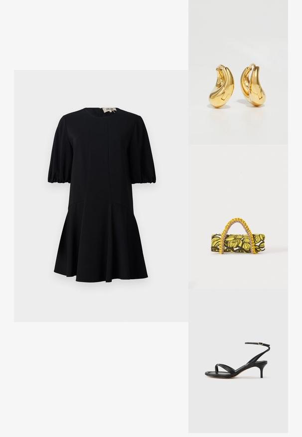 Schwarzes Kleid mit rundem Halsausschnitt, kurzen Puffärmeln und ausgestelltem Rock. Hergestellt aus einem glatten Stoff mit Nahtdetails.; Schwarze Ledersandale für Damen mit dünnen Riemchen, einer Zehenlasche, einer Knöchelschnalle und einem mittelhohen Stöckelabsatz vor neutralem Hintergrund.; Rechteckige Tasche mit gelbem und schwarzem Blumenmuster und geflochtenem gelb-pinkem Griff auf weißem Hintergrund.; Goldene Creolen mit einer glatten, geschwungenen Form und polierter Oberfläche. Mit einem Verschlussmechanismus und leichten Einkerbungen für Details.