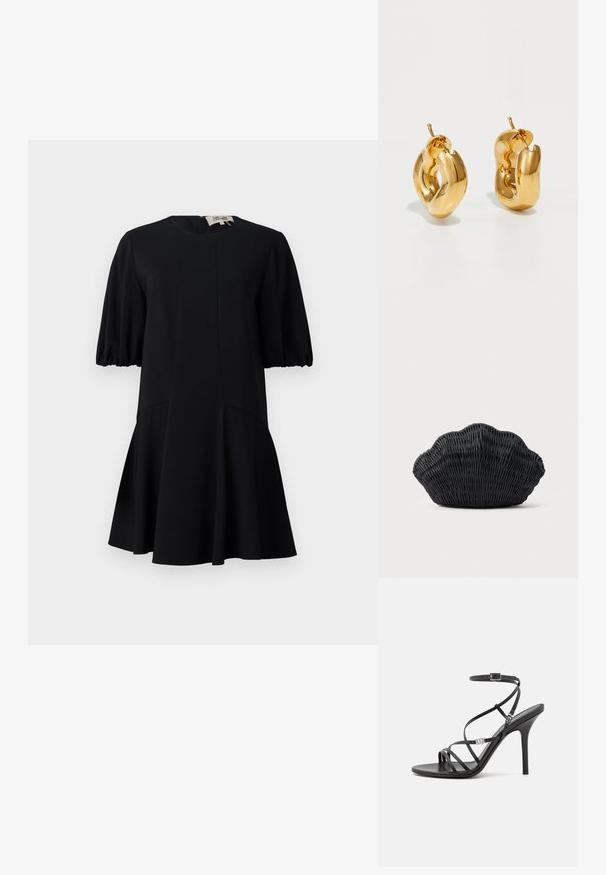 Schwarzes Kleid mit rundem Halsausschnitt, kurzen Puffärmeln und ausgestelltem Rock. Hergestellt aus einem glatten Stoff mit Nahtdetails.; Schwarze High-Heel-Sandale mit dünnen Riemen, einem Knöchelverschluss, einer glatten Lederoberfläche und einem schlanken Stiletto-Absatz.; Schwarze Korbtasche in Muschelform mit gebogenem Oberteil und gewebter Textur auf einfarbigem Hintergrund.; Fette goldene Creolen mit einem leicht verdrehten, röhrenförmigen Design und Steckverschlüssen auf einem weißen Hintergrund.
