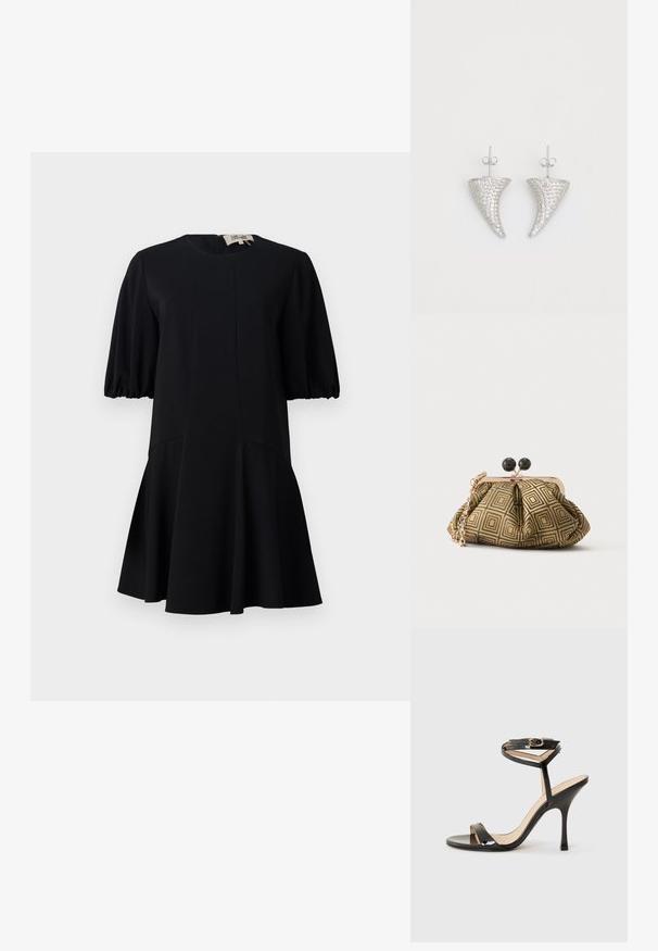 Vestido negro con un escote redondo, mangas cortas abullonadas y una falda acampanada. Fabricado en un tejido suave con detalles de costura.; Sandalia de tacón alto de charol negro con tira delgada en el tobillo y hebilla, punta abierta y tacón aguja esbelto sobre fondo blanco.; Pequeño bolso de mano con patrón geométrico en dorado y negro, marco metálico dorado, cierre de bola negro y una corta correa de cadena dorada.; Pendientes en forma de cuerno plateado, engastados con pequeñas piedras transparentes, que cuentan con un cierre trasero para su sujeción. Textura suave y acabado metálico.