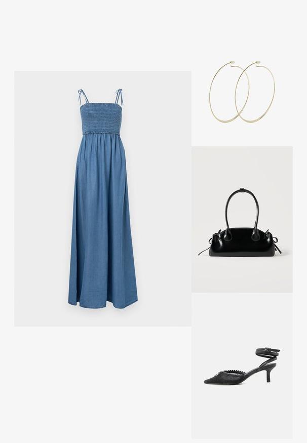 Denim maxi kjole med tynde justerbare stropper, smocket liv og fyldig nederdel, med en ensfarvet lys blå farve og glat tekstur.; Sort spids tå kitten heel med blondeoverdel, bølget kant og ankestrop med spænde.; Lille sort blank håndtaske med to lange håndtag og snøre-detaljer i siden på en ensfarvet lys baggrund.; Pilgrim Øreringe - gold-coloured