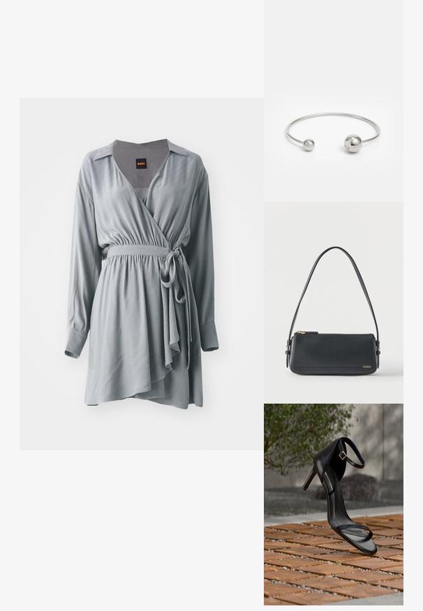 Robe portefeuille grise en tissu doux, dotée de manches longues, d'une taille cintrée et d'un ourlet asymétrique fluide. Comprend un col et une ceinture à nouer.; Sandale noire à talon haut avec sangle à la cheville, suspendue au-dessus d'un sol en carreaux de bois à l'extérieur, avec un arrière-plan flou de verdure et de pierre.; Sac à bandoulière rectangulaire en cuir noir avec fermeture éclair dorée et petit logo "HUGO" doré sur le devant, doté d'une sangle réglable avec boucle.; Bracelet jonc en métal argenté avec deux accents sphériques à chaque extrémité, surface lisse, design ouvert et forme épurée et minimaliste.