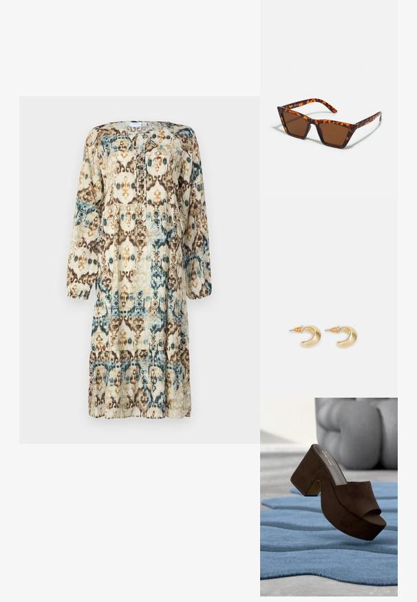 Robe à manches longues imprimée dans des tons naturels, présentant un motif abstrait de bleu, marron et orange. Encolure ronde avec un détail à nouer.; Mule à plateforme en daim marron exposée sur un tapis bleu texturé avec une sculpture abstraite grise en arrière-plan.; Lunettes de soleil teintées de brun avec un motif écaille de tortue, monture angulaire et branches fines. Matériau en plastique léger.; Boucles d'oreilles en forme de croissant en or avec une finition lisse, présentant des accents orange près du clou et un matériel en argent.