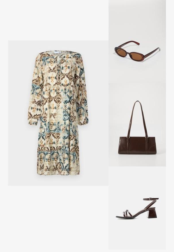 Robe à manches longues imprimée dans des tons naturels, présentant un motif abstrait de bleu, marron et orange. Encolure ronde avec un détail à nouer.; Sandale en cuir verni marron foncé avec talon bloc, bride à la cheville avec boucle et deux fines lanières sur les orteils sur fond blanc.; Lunettes de soleil rondes teinte brun avec une monture bordeaux brillante. Branches fines avec un détail de marque subtil. Design de verres plats.; Sac à main en cuir verni marron de forme rectangulaire, avec deux longues poignées et des accents courbés subtils à l'avant.