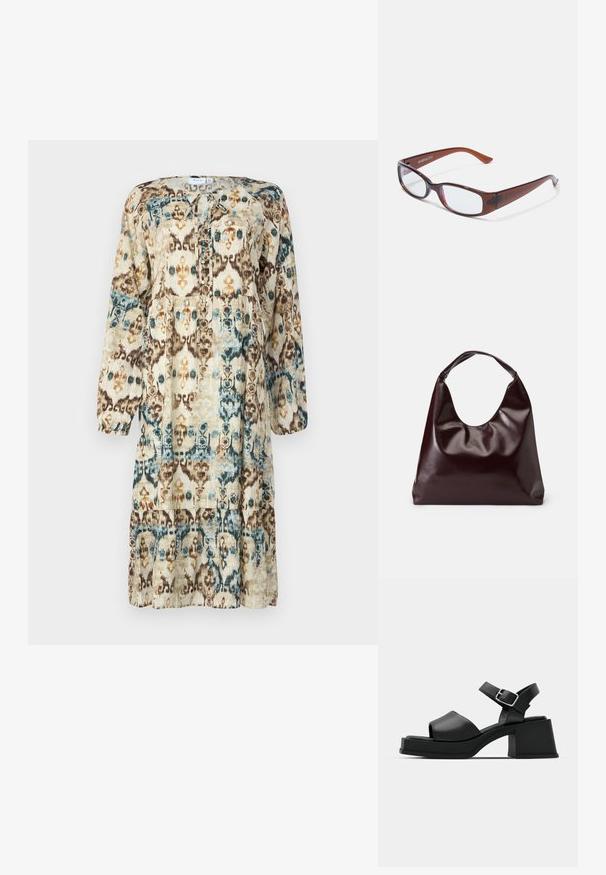 Robe à manches longues imprimée dans des tons naturels, présentant un motif abstrait de bleu, marron et orange. Encolure ronde avec un détail à nouer.; Sandales plateforme noires en cuir avec un design à bout ouvert, une bride à la cheville et un talon carré large. Texture lisse et style minimaliste.; Lunettes rectangulaires teintées de brun avec une finition brillante, dotées de branches fines et de verres transparents. Logo visible sur la branche gauche.; Sac en cuir vegan bordeaux, brillant, avec une forme douce et sculpturale et une large poignée incurvée pour un transport facile.