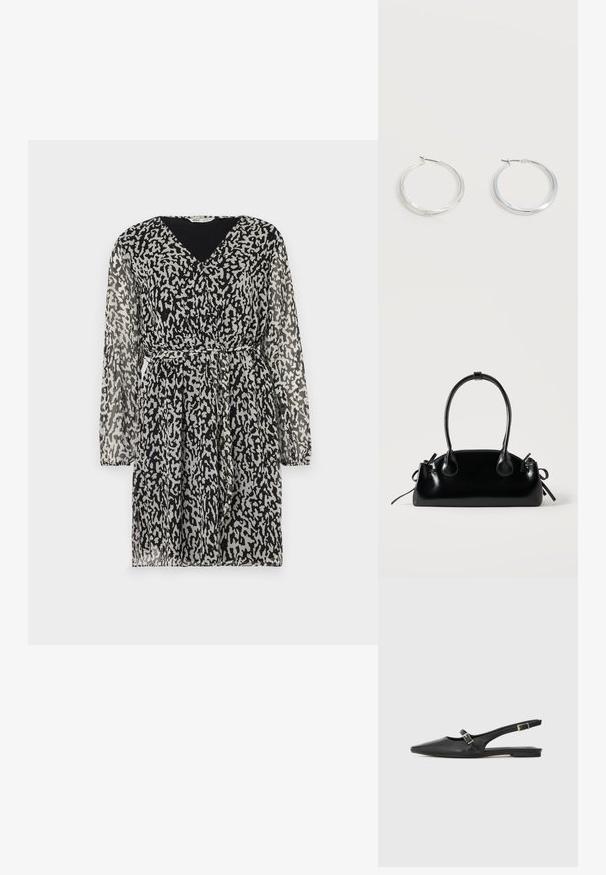 Sømløs sort kjole med et abstrakt hvidt og gråt leopardmønster, V-hals, lange ærmer og en belagt talje for fremhævelse.; Sorte læder slingback-sko med spids tå, med en smal rem og en sølvspænde-detalje på siden. Flad sål.; Lille sort blank håndtaske med to lange håndtag og snøre-detaljer i siden på en ensfarvet lys baggrund.; Sølvfarvede metaloorringe med glat, let buet overflade og låsemekanisme på en ensfarvet hvid baggrund.