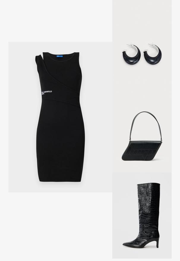 Must mustriga must dress, mis on valmistatud soonik kangast. Omab ühte õlga katvat disaini koos asümmeetrilise kaelusega ja valge "Karl Lagerfeld" logo.; Mustad põlvekõrged saapad läikiva krokodillinahajäljendiga, terava varba ja kitseneva kontsaga. Sile sünteetiline materjal.; Mustast nahast kolmnurkse kujuga õlakott, reljeefse logoga ja ühe reguleeritava rihmaga. Minimalistlik disain ja sile tekstuur.; Mustad mustrõngad mustast vaigust läikiva viimistlusega ja hõbedast detailide akendega. Ümmargune kuju lukuavaga ja postitusega sulgemisega.