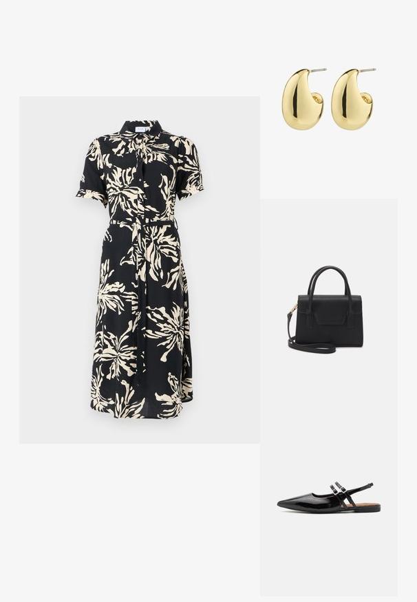Korte mouwen, knoopsluiting jurk van zwarte stof met grote crèmekleurige bloemenpatronen, cinched taille met een riem, middellang, klassieke kraag.; Zwarte gepatineerde leren slingback schoenen hebben een spitse neus, twee banden met gespsieraden en een platte zool.; Zwarte gestructureerde handtas van leer met een bovenhandvat, een afneembare schouderriem en een voorflapdetail. Gouden hardwareaccenten.; Gouden studs met een gladde, gepolijste afwerking, in een abstracte, druppelvorm. Eenvoudige metalen achterzijde voor bevestiging.