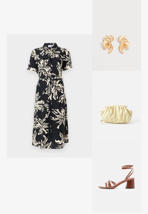 Korte mouwen, knoopsluiting jurk van zwarte stof met grote crèmekleurige bloemenpatronen, cinched taille met een riem, middellang, klassieke kraag.; Bruine sandaal met bandjes, blokhak en enkelriempje met gesp, minimalistisch ontwerp, glad leren textuur, zijaanzicht op effen achtergrond.; Geel geplooide handtas van soepel nepleer, met een zachte vorm, een enkele schouderriem en een verzameld ontwerp aan de bovenkant.; Paar abstract gevormde glanzende gouden metalen oorbellen met een gebogen, geplooid ontwerp op een lichtgrijze achtergrond.
