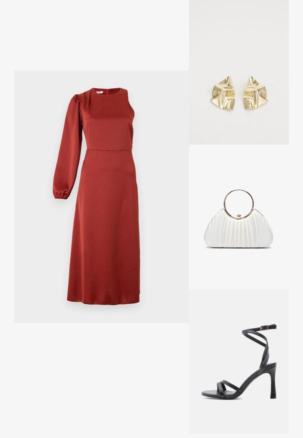 Vestido midi rojo fluido hecho de una tela suave, con un diseño de una manga abullonada, escote cuadrado y un cierre oculto en la parte trasera.; Sandalias negras de tacón alto con un diseño elegante, que cuentan con dos tiras estrechas sobre los dedos y una correa cruzada en el tobillo con hebilla.; Bolso de mano blanco plisado con un asa circular dorada, que presenta un tejido suave y una forma redondeada. Diseño elegante con un acabado texturizado.; Pendientes metálicos dorados con un diseño ondulado; superficie lisa y reflectante; forma asimétrica; sin patrones o elementos visibles.