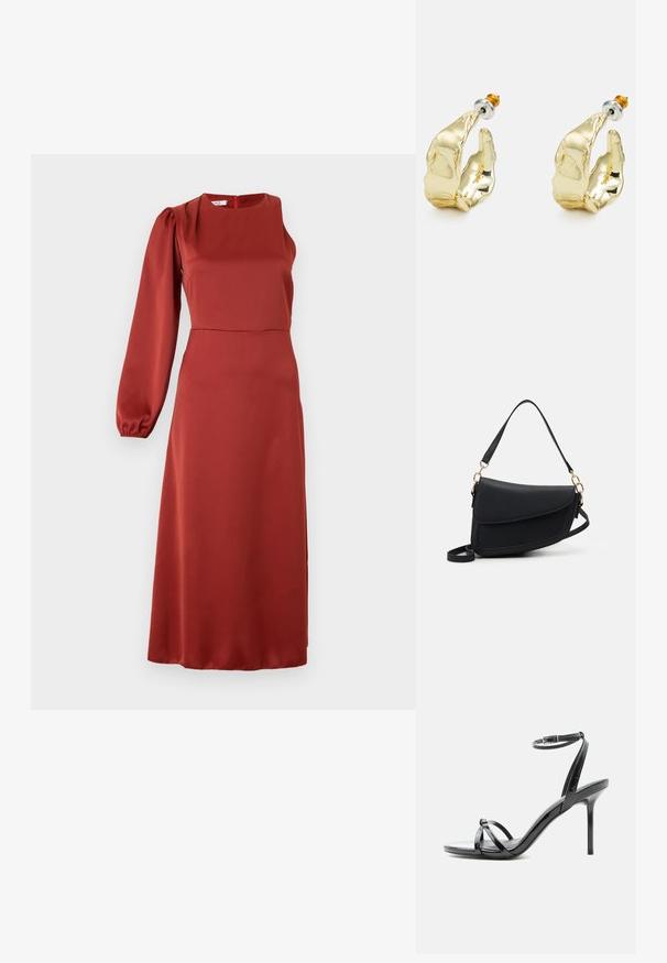 Vestido midi rojo fluido hecho de una tela suave, con un diseño de una manga abullonada, escote cuadrado y un cierre oculto en la parte trasera.; Sandalia de tacón alto de charol negro con tiras finas que cruzan los dedos y una correa con hebilla en el tobillo sobre un fondo blanco.; Bolso de mano de cuero negro con un acabado texturizado, que cuenta con una sola correa para el hombro y acentos de hardware dorado. El diseño es elegante y minimalista.; Pendientes en tono dorado con forma de manos abstractas, que presentan una superficie brillante, detalles intrincados y un poste de plata y oro para un ajuste seguro.