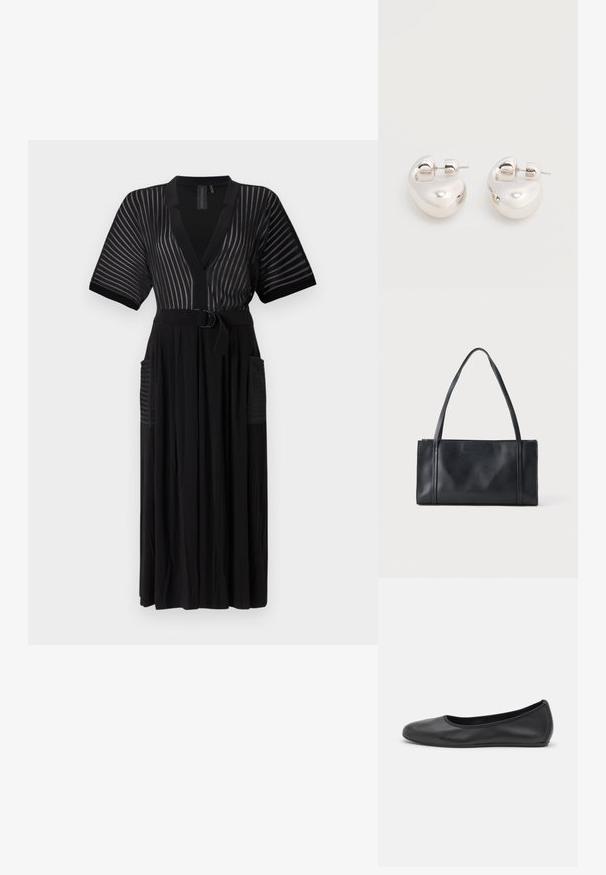Robe maxi noire à manches courtes, rayures verticales, encolure en V, taille ceinturée et poches latérales. Fabriquée en tissu léger.; Ballerines en cuir noir avec un bout rond, texture lisse, détails de couture minimalistes et design de semelle flexible.; Sac à main rectangulaire en cuir noir avec deux fines bandoulières sur un fond clair uni.; Paire de boucles d'oreilles argentées brillantes et épaisses avec fermoirs à tige, sur fond blanc uni.