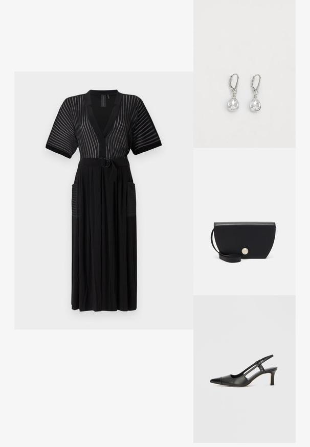 Zwarte maxi-jurk met korte mouwen, verticale strepen, v-hals, ceintuur in de taille en zijzakken. Gemaakt van een lichtgewicht stof.; Zwarte leren slingback schoen met een puntige neus, voorzien van een glanzend detail op de neuskap en een hak van gemiddelde hoogte. Open zijkant ontwerp.; Zwarte leren clutch met een gebogen vorm, voorzien van een sluiting met parel-stijl knoop en een afneembare schouderband. Zachte textuur, minimalistisch ontwerp.; Zilveren lever-back oorbellen met peervormige heldere kristallen met een gefacetteerd oppervlak, hangend aan een klein rond accentdetail.