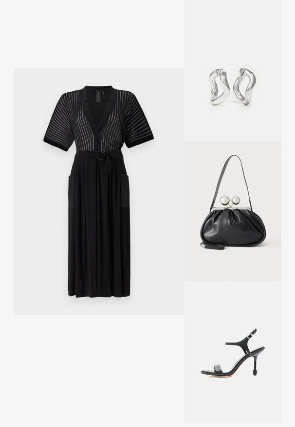 Robe maxi noire à manches courtes, rayures verticales, encolure en V, taille ceinturée et poches latérales. Fabriquée en tissu léger.; Sandale à talon haut en cuir noir avec fines lanières, bout ouvert et boucle réglable à la cheville, présentée sur un fond blanc uni.; Sac à main en cuir noir avec un design plissé, une sangle unique, un cadre métallique argenté et deux grandes fermoirs ronds en argent.; Boucles d'oreilles créoles argentées avec un design torsadé. Bords arrondis et finition brillante. Fermoirs ouverts pour un port facile. Texture lisse sur toute la surface.