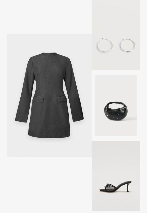 Graues, tailliertes Kleid mit langen Ärmeln, Rundhalsausschnitt und zwei vorderen Taschen. Hergestellt aus strukturiertem Stoff und zeichnet sich durch ein elegantes, strukturiertes Design aus.; Schwarze Absatzmule mit einem Obermaterial aus Mesh, dünnen Riemen und einem dekorativen Knoten. Sie zeichnet sich durch einen schlanken, spitzen Absatz und eine strukturierte Innensohle aus.; Schwarze Lederhandtasche mit abgerundeter Form, verziert mit silbernen Nietenakzenten und kurzem Griff. Glatte Struktur und Reißverschlussverschluss.; Silberne Metallcreolen mit glatter, leicht gebogener Oberfläche und Klappverschluss vor schlicht weißem Hintergrund.