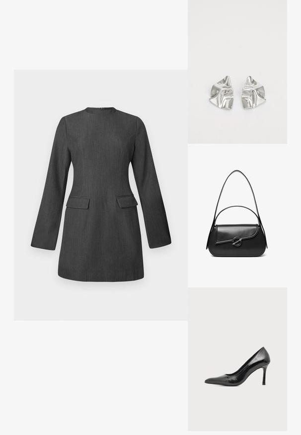 Vestido gris a medida con mangas largas, escote redondo y dos bolsillos frontales. Hecho de una tela texturada, presenta un diseño elegante y estructurado.; Zapato de tacón alto de mujer en piel negra patentada, con punta puntiaguda y tacón delgado, sobre un fondo claro y liso.; Bolso de hombro de cuero negro con una solapa curva asegurada por un broche metálico redondo y una correa delgada y ajustable.; Pendientes de metal plateado con un diseño ondulado y escultórico, que presentan un acabado pulido y formas irregulares, destacando una estética contemporánea.