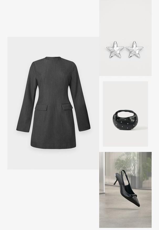 Vestido gris a medida con mangas largas, escote redondo y dos bolsillos frontales. Hecho de una tela texturada, presenta un diseño elegante y estructurado.; Zapato de tacón alto slingback de cuero negro texturizado con punta picuda y una pequeña hebilla decorativa, flotando sobre un suelo liso.; Bolso de mano de cuero negro con forma redondeada, decorado con detalles de tachuelas plateadas y un asa corta. Textura lisa y cierre con cremallera.; Pendientes en forma de estrella plateada con una superficie pulida y brillante. Cada pendiente presenta cinco puntas y sutiles detalles de textura en la superficie.