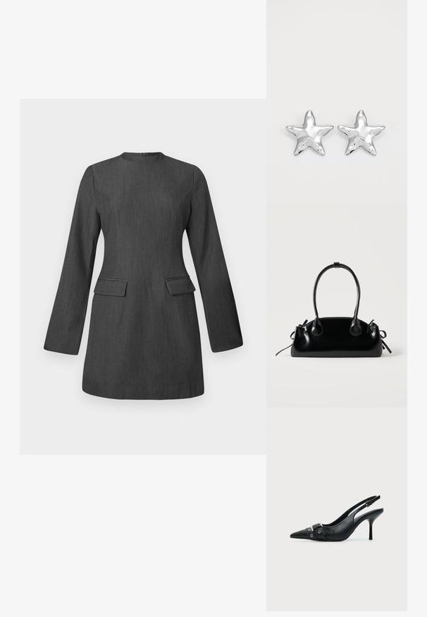 Vestido gris a medida con mangas largas, escote redondo y dos bolsillos frontales. Hecho de una tela texturada, presenta un diseño elegante y estructurado.; Zapato de tacón alto tipo slingback de piel negra con puntera puntiaguda, con hebilla y detalle de tira con ojetes en la parte delantera.; Pequeño bolso negro brillante con dos asas largas y detalles de cordón lateral sobre un fondo claro liso.; Pendientes en forma de estrella plateada con una superficie pulida y brillante. Cada pendiente presenta cinco puntas y sutiles detalles de textura en la superficie.