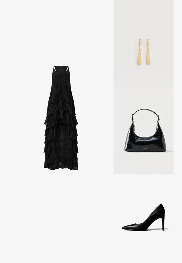 Schwarzes Kleid mit schichtweisen Rüschendetails, ärmellosem Design, fließender Silhouette und asymmetrischem Saum. Hergestellt aus leichtem Stoff.; Schwarzer spitzer High-Heel-Schuh aus Leder mit schlankem Stilettoabsatz auf weißem Hintergrund.; Schwarze, glänzende Calvin Klein Handtasche mit goldfarbenem Reißverschluss und kurzem Trageriemen vor schlichtem weißem Hintergrund.; Ohrhänger in Gold-Ton mit glatten, länglichen Tropfenanhängern, die an kleinen Creolenverschlüssen hängen, auf weißem Hintergrund.