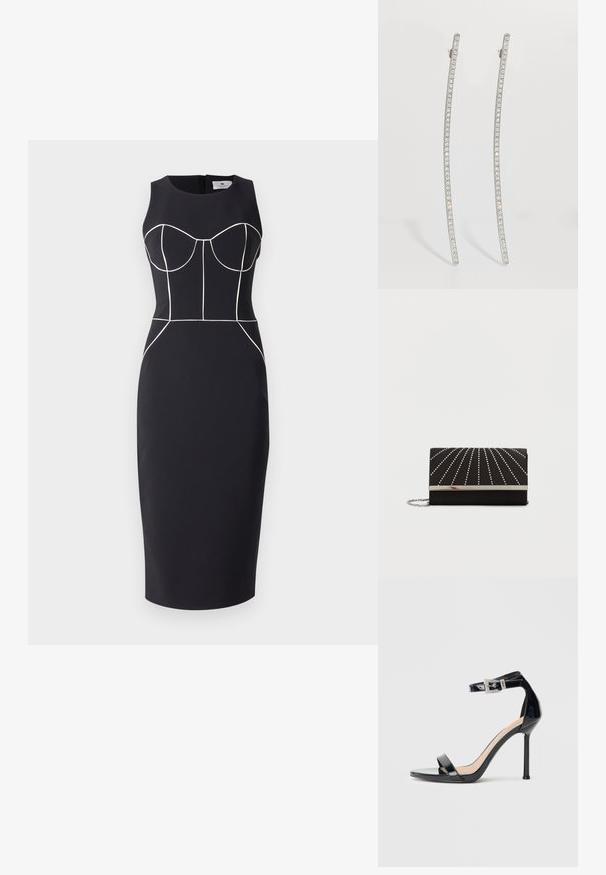 Sort tætsiddende kjole med en struktureret bodice, der har hvide kantdetaljer og en knælængde nederdel. Fremstillet af et glat, strækbart stof.; Sort højhælet sandal i laklæder med ankelrem. Har minimalistisk design, åben tå og spænde med rhinsten-detaljer.; Sort clutch taske med en glat tekstur, der har sølvspidse linjer, der stråler ud fra midten, med en metalisk sølvklips og kædetras.; Sølvfarvede, aflange øreringe med buet design, der har en række klare krystaller langs de ydre kanter for ekstra glans.