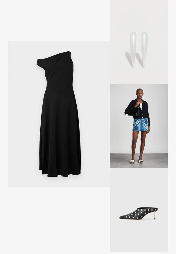Sort, en-skulder kjole lavet af letvægtsstof. Har en tætsiddende overdel og en udvidet nederdel med blød drapering. Enkel design uden udsmykninger.; STAND STUDIO KELSEY - Mules med hæl - black; Sort striktrøje, hvid top, denimnederdel med blå og sort diamantmønster, sort håndtaske og beige slidesandaler.; To aflange, glatte, hvide ovale genstande med spidse ender, der kaster bløde skygger på en lys overflade.