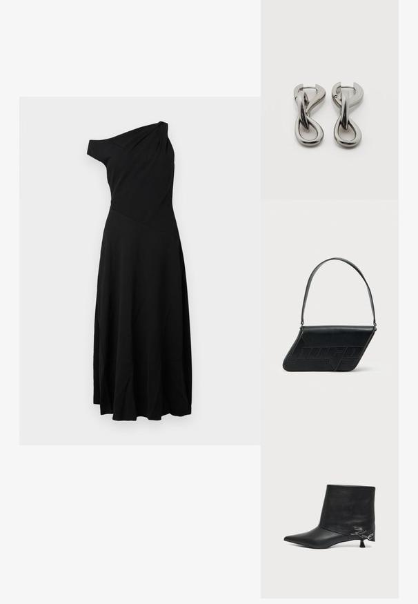 Vestido negro de un solo hombro hecho de tela ligera. Presenta un corsé ajustado y una falda acampanada con suaves pliegues. Diseño sencillo, sin adornos.; Botín negro de piel con puntera puntiaguda, tacón bajo tipo «kitten» y detalle de escritura plateada cerca del talón.; Bolso de hombro de cuero negro con forma triangular, logo en relieve y una sola correa ajustable. Diseño minimalista con textura suave.; Par de pendientes de metal con acabado plateado y diseño abstracto de bucles entrelazados sobre un fondo blanco.