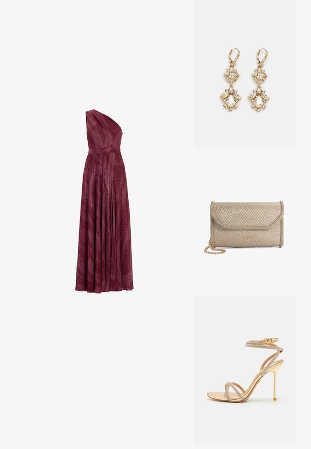 Robe bordeaux à une épaule en tissu texturé, avec une taille ajustée et une jupe fluide, présentant des plis et un drapé élégant.; ALDO MANAELDEN - Sandales à talons hauts - gold-coloured; Pochette couleur or avec une surface texturée, dotée d'une fermeture à rabat, d'une chaîne et d'un logo embossé sur le devant.; Boucles d'oreilles pendantes dorées présentant un design en grappe avec des cristaux clairs ronds et en forme de goutte, mettant en valeur des détails élaborés.
