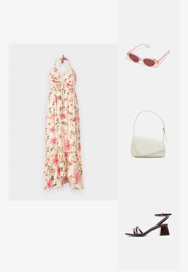 Robe maxi florale en crème avec des motifs de fleurs roses et vertes. Présente un décolleté halter et un ourlet à volants pour une silhouette fluide.; Sandale en cuir verni marron foncé avec talon bloc, bride à la cheville avec boucle et deux fines lanières sur les orteils sur fond blanc.; Lunettes de soleil transparentes roses avec des verres ovales, teintés d'un rouge foncé, et des branches fines, présentant une finition lisse et des détails subtils sur la monture.; Sac à main en cuir synthétique blanc avec une forme triangulaire structurée, une bandoulière unique réglable et un rabat à courbes accentuées.