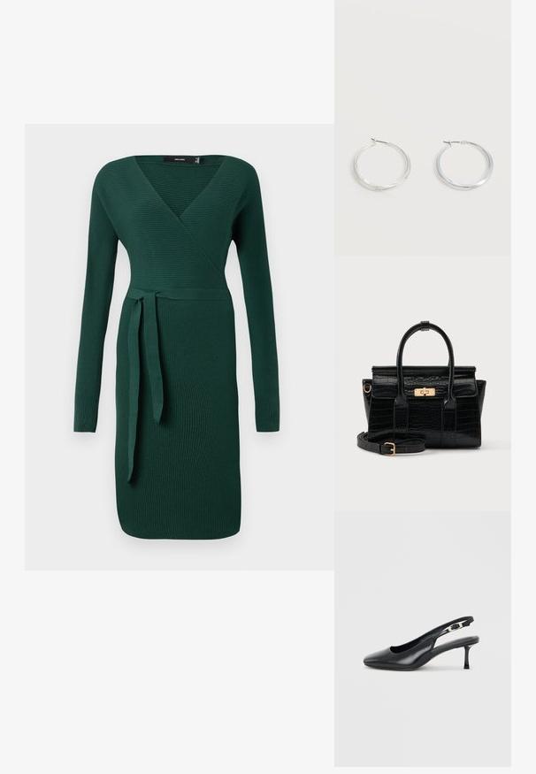 Mørkegrøn, ribbet, langærmet kjole med V-hals og en bånddetalje i taljen. Figursyet design med en knælang slag.; Sort læder slingback-sko med spids snude, lav, slank kittenhæl og justerbar spænde på en ensfarvet lys baggrund.; Sort taske med krokodilletekstur, to håndtag, aftagelig rem og en guldfarvet rektangulær clasp på frontklappen.; Sølvfarvede metaloorringe med glat, let buet overflade og låsemekanisme på en ensfarvet hvid baggrund.