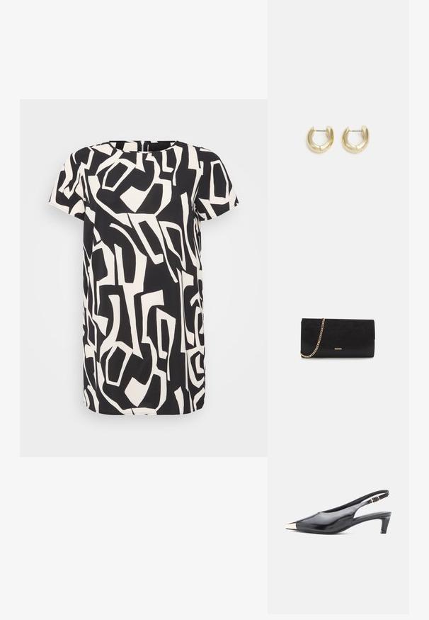 Mustavalkoinen lyhythihainen mekko, jossa on abstrakti geometrinen kuvio, pyöreä pääntie ja löysä mitoitus, jossa on sivuventtiilit.; Musta patenttikiiltonahkainen slingback-korkokenkä, jossa on terävä kärki, metallinhohtoinen kultakärki ja keskikorkea tukeva korko. Mukana säädettävä nilkkaremmi.; Musta clutch-laukku, joka on valmistettu sametista ja jossa on teksturoitu pinta. Laukussa on kultaketju ja tyylikäs, kulmikas muoto.; Kulta sävyiset renkaat, joissa on sileä ja kiillotettu pinta. Ominaisuuksia ovat puolikuun muoto ja turvallinen painike suljenta.