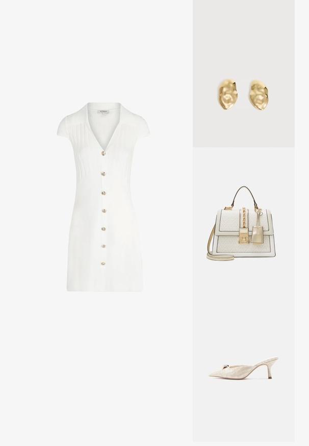 Witte korte jurk met een kraag, met een verticale ribbelstructuur, korte mouwen en een gouden knoopsluiting aan de voorkant. Gladde stofafwerking.; Beige lakleren slingback pumps met een puntige neus, voorzien van een gewatteerde textuur en een klein gouden accent aan de voorkant.; ALDO MARTISSA - Handtas - beige; Een paar glanzende, onregelmatig gevormde gouden metalen oorbellen met een gekreukeld, glad oppervlak op een effen lichte achtergrond.