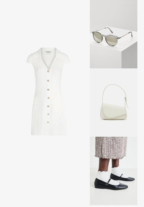 Witte korte jurk met een kraag, met een verticale ribbelstructuur, korte mouwen en een gouden knoopsluiting aan de voorkant. Gladde stofafwerking.; Zwarte ballerina's met een spitse neus en platte hak, voorzien van een verstelbare band over de voet. Draagt witte, textuur sokken.; Ronde zonnebrillen met transparante grijze monturen en grijs-getinte lenzen. Metalen accenten op de veren en gebogen armen voor stabiliteit.; Witte nepleren handtas met een gestructureerde driehoekige vorm, een enkele verstelbare schouderriem en een klep met ronde accenten.