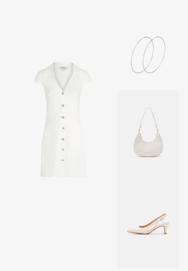 Witte korte jurk met een kraag, met een verticale ribbelstructuur, korte mouwen en een gouden knoopsluiting aan de voorkant. Gladde stofafwerking.; Witte slingback hak met een spitse neus, glad bovenmateriaal, lage blokhak en een design met uitsparingen aan de zijkant, voorzien van een verstelbare gespsluiting.; Crème leren schoudertas met een halve maan vorm, dunne schouderband en subtiele stiksels. Minimalistisch ontwerp met gouden hardware accenten.; Zilveren hoepel oorbellen met een minimalistisch ontwerp. Cirkelvormig, gladde textuur en dun profiel. Lichtgewicht met een gepolijste afwerking.