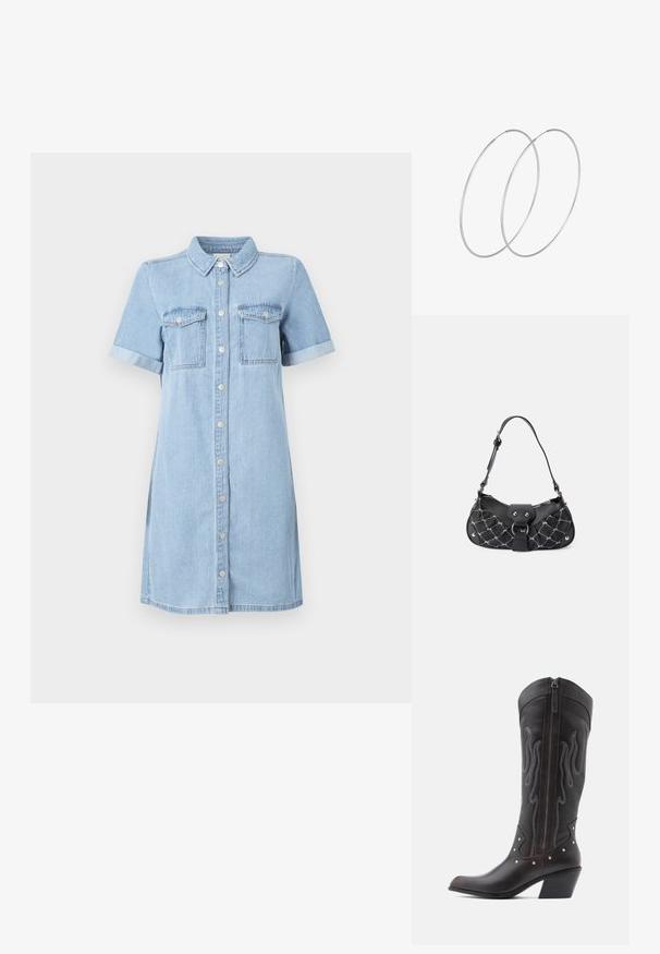 Helles blaues Denimkleid mit kurzen Ärmeln, Knopfleiste, zwei Brusttaschen und umgeschlagenen Ärmeln. Glatte Textur und geradliniger Schnitt.; Braune Cowboy-Stiefel aus Leder mit Flammenstickerei, seitlichem Reißverschluss, silbernen Nieten, spitzer Zehenpartie und geschichtetem Absatz.; Schwarze Handtasche mit gestepptem Muster, ausgestattet mit silbernem Metall, in geschwungener Form und einem einzigen verstellbaren Riemen. Mit einem Reißverschlussverschluss oben.; Silberne Creolen mit minimalistischem Design. Rundform, glatte Oberfläche und dünnes Profil. Leichtgewichtig mit hochglänzender Oberfläche.