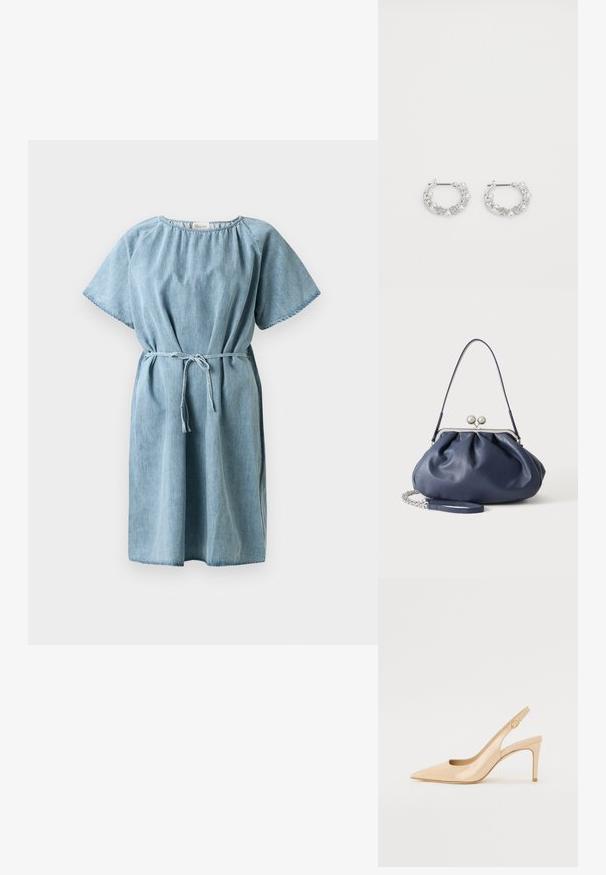 Lyseblå denimkjole med korte ærmer, samlet nakke og bælte i taljen. Har et afslappet fit og knælang nederdel.; Nude patenteret læder slingback hæl med spidse tæer, åben vamp og en tynd stiletto hæl. Har et cirkulært guldfarvet element på remmen.; Blød navyblå læderhåndtaske med sølv lukning, enkelt skulderrem og aftagelig kæde til håndleddet på hvid baggrund.; Sølv hoop øreringe med perle- og krystalaccentuer, der har en tekstureret overflade og en sikker stiftlukning.