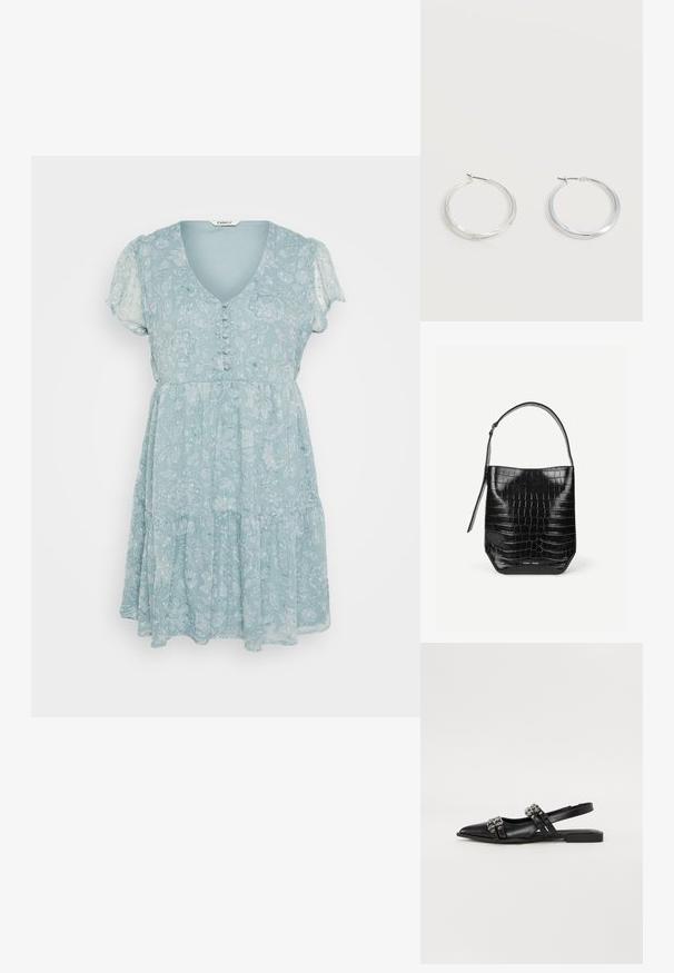 Lyseblå blomsterkjole med korte puffærmer, V-hals, knapdetaljer og en lagdelt nederdel, lavet af et blødt, let materiale.; Even&Odd by Zalando Slingback-ballerinasko - black; Sort spandtaske i krokodillepræget læder med enkelt skulderrem og lille sølvfarvet mærkelogo foran nederst i midten.; Sølvfarvede metaloorringe med glat, let buet overflade og låsemekanisme på en ensfarvet hvid baggrund.
