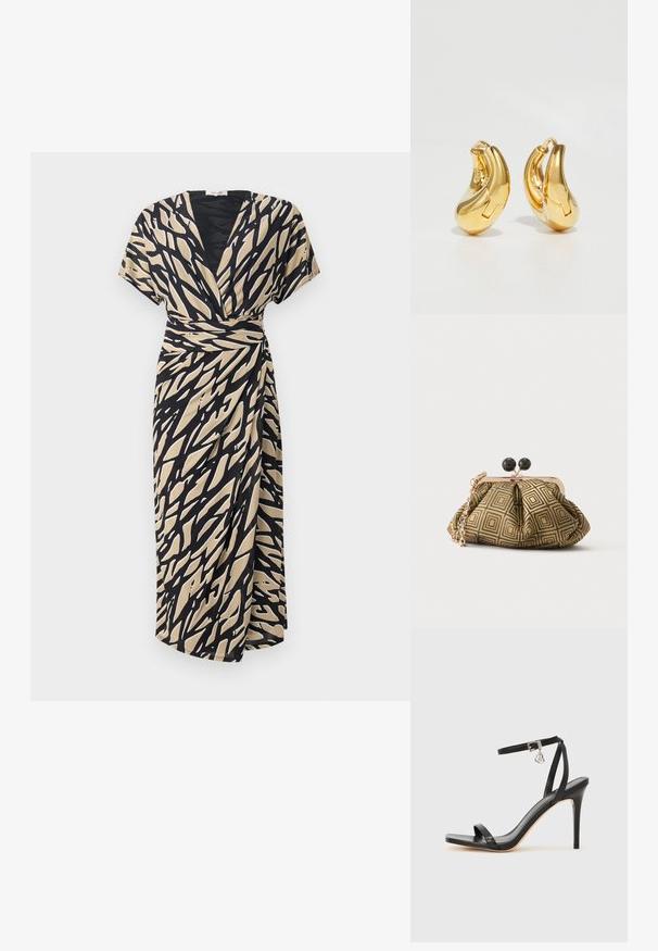 Robe portefeuille beige avec un motif abstrait noir, à manches courtes, décolleté en V et détail de lien sur le côté, fabriquée en tissu léger.; Sandale à talon haut noire avec une bride étroite à la cheville, bout carré, cuir lisse et accent de boucle métallique.; Petite pochette avec motif géométrique doré et noir, cadre en métal doré, fermeture à boule noire et une courte chaîne dorée.; Boucles d'oreilles en or en forme de d'anneaux lisses et courbés avec une finition polie. Équipées d'un mécanisme de fermeture et de légères indentations pour le détail.
