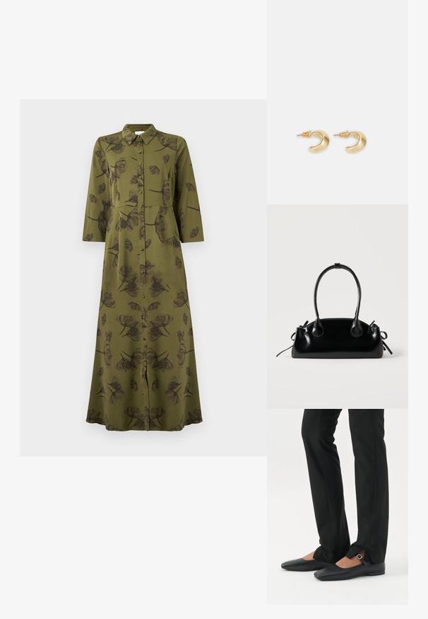 Olijfgroen maxi-jurk met lange mouwen, zwart bloemenpatroon, knoopsluiting aan de voorkant en een kraag.; Benen met zwarte smalle broek met voorsplitten aan de zoom, gecombineerd met zwarte platte Mary Jane-schoenen met een klein gespje.; Kleine zwarte glanzende handtas met twee lange hengsels en zijkant trekkoord details op een effen lichte achtergrond.; Gouden halvmaanvormige oorbellen met een gladde afwerking, voorzien van oranje accenten bij de stekker en zilveren hardware.