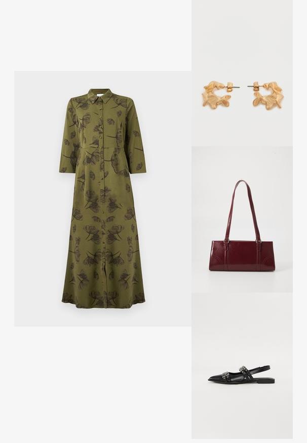 Olive roheline pikkade varrukatega maksimekombi musta lillemustriga, nööpidega ees ja kaelusega kaelus.; Even&Odd by Zalando Kannarihmaga baleriinad - black; Burgundia värvi käekott, mis on valmistatud läikivast materjalist, ristküliku kujuline, kahe õlapaelaga ning ees on peened kaarjad aktsendid.; Kullatoonist kõrvarõngad abstraktse, orgaanilise kujuga, millel on tekstureeritud pind ja tagakinnitus.