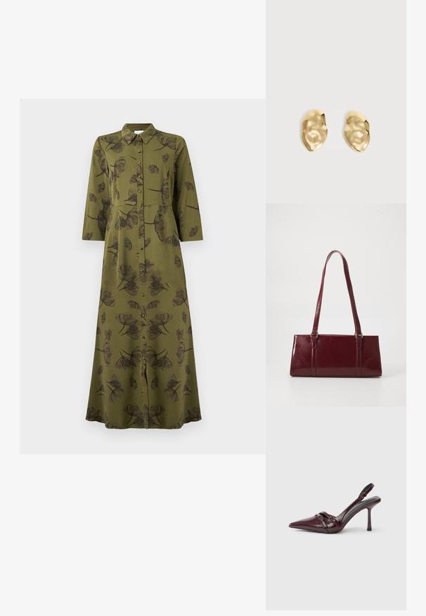 Vestido maxi de manga larga en verde oliva con estampado floral negro, frente abotonado y cuello con solapa.; Zapato de tacón slingback de charol burdeos con puntera puntiaguda, fina correa en el tobillo y pequeño detalle decorativo de hebilla. Textura suave y tacón alto.; Bolso burdeos hecho de material brillante, de forma rectangular, con dos asas para el hombro y sutiles acentos curvados en la parte frontal.; Par de pendientes de metal dorado brillante, con forma irregular y superficie arrugada y lisa sobre un fondo claro y sencillo.