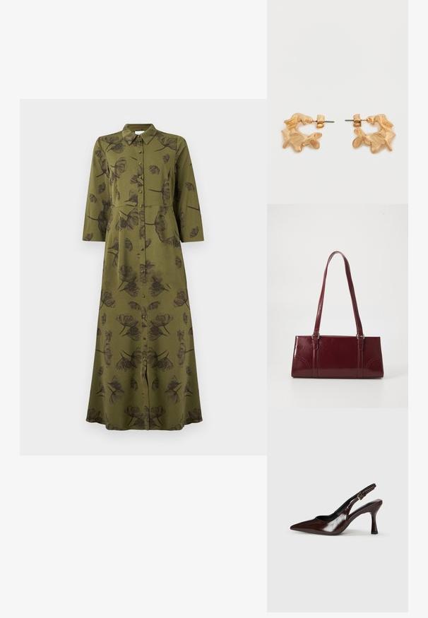 Oliven grøn langærmet maxikjole med sort blomsterprint, knaplukning foran og kraven halslinje.; Brune patenterede læderslingback-sandaletter med spids tå, en tynd hæl og justerbar rem med en lille spænde.; Bordeaux håndtaske lavet af glansfuldt materiale, rektangulær form, med to skulderremme og subtile buede detaljer på forsiden.; Øreringe i guldfarve med en abstrakt, organisk form, der har en tekstureret overflade og lukkemekanisme med stik.