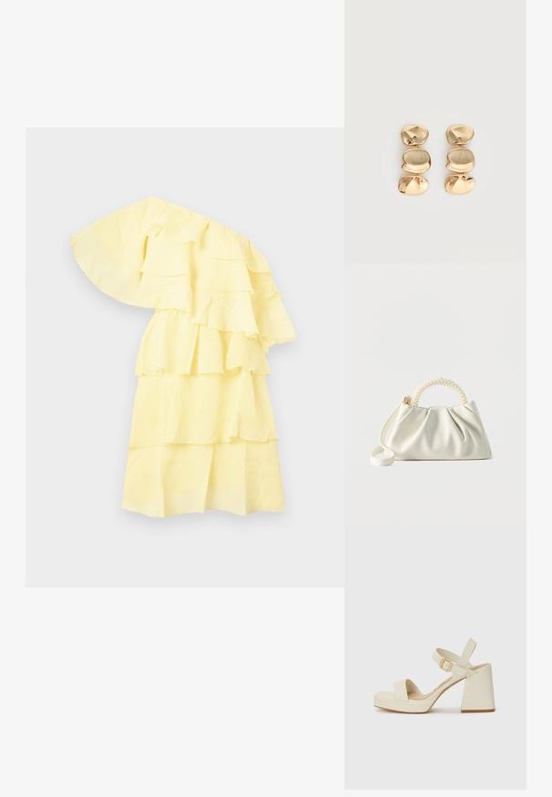 Gul flæset kjole med en skulderdesign, der har lagdelte tiers og et struktureret stof. Let og luftig udseende.; Beige højhælede sandaler med bred platform og blokhæl. Har en ankelrem med spænde og en glat tekstur.; Lille hvid håndtaske med ruched krop, rundt håndtag pyntet med perler og aftagelig skulderrem på en ensfarvet baggrund.; Øreringe i guldfarve med dråbeform og tre uregelmæssige, glatte, afrundede segmenter stablet lodret på en enkelt lys baggrund.
