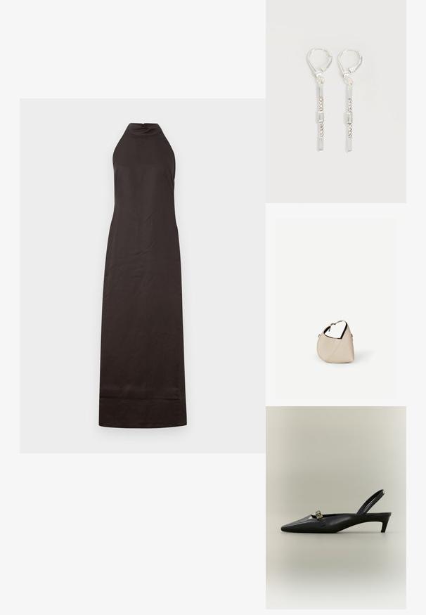 Robe noire à encolure halter, avec une silhouette droite, en tissu lisse, présentant un subtil éclat et un design longueur cheville.; Escarpin slingback en cuir noir avec talon kitten, bout pointu et petite boucle dorée sur un fond uni.; Sac à main en cuir beige en forme de croissant avec une seule bandoulière et des coutures minimalistes, posé sur un fond blanc uni.; Boucles d'oreilles pendantes en argent avec des cristaux clairs rectangulaires et ronds alignés verticalement, sécurisées par des fermoirs à levier.