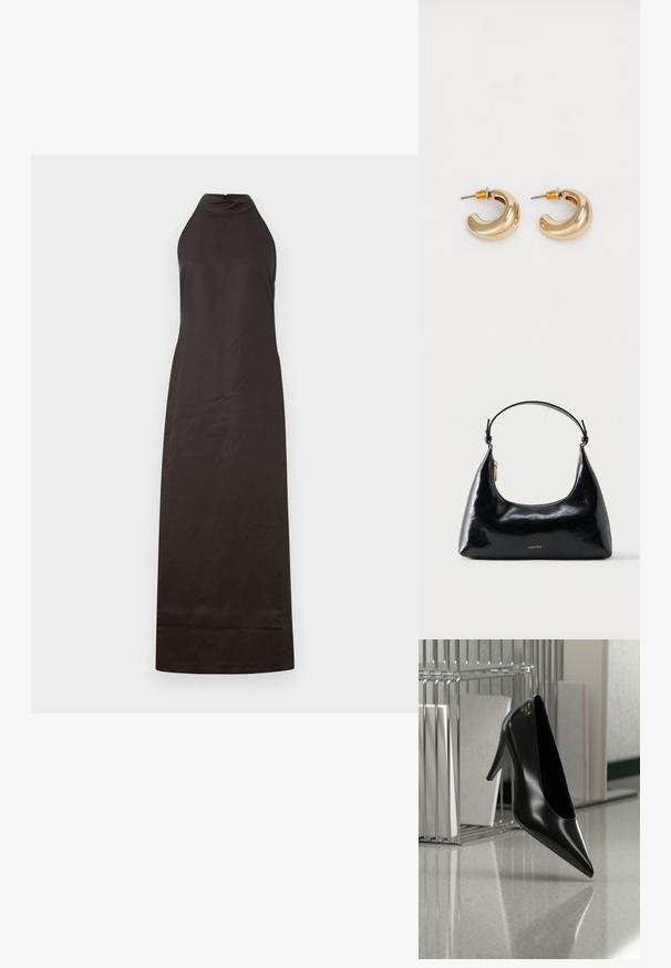 Vestido negro de cuello halter con silueta recta, hecho de una tela suave, que presenta un ligero brillo y un diseño hasta los tobillos.; Zapato de tacón alto negro con punta afilada y logo dorado, colocado sobre una superficie reflectante cerca de un organizador de archivos de alambre cromado con documentos.; Bolso negro brillante de Calvin Klein con cremallera dorada y correa corta sobre un fondo blanco liso.; Dos pendientes de aro dorados brillantes en un diseño curvado, con acentos naranjas cerca del poste, sobre un fondo blanco liso.