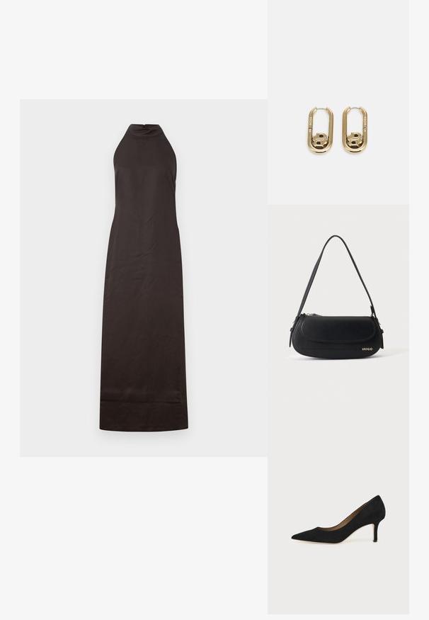 Vestido negro de cuello halter con silueta recta, hecho de una tela suave, que presenta un ligero brillo y un diseño hasta los tobillos.; Salón de ante negro con punta puntiaguda, tacón de aguja delgado de altura media y diseño de corte bajo sobre un fondo liso.; Bolso de hombro de cuero negro con solapa curva, logo dorado "HUGO" en el frente y una correa ajustable.; BOSS DOUBLE B SWING - Pendientes - gold-coloured