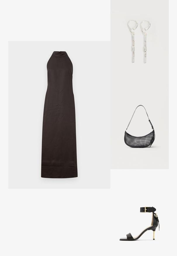 Vestido negro de cuello halter con silueta recta, hecho de una tela suave, que presenta un ligero brillo y un diseño hasta los tobillos.; Sándal de tacón de cuero negro con punta cuadrada, correa en el tobillo con hebilla dorada y un tacón metálico esbelto. Textura suave, diseño minimalista.; Pequeño bolso de hombro negro de malla con forma de media luna y correa fina ajustable, sobre un fondo claro y liso.; Pendientes colgantes de plata con cristales transparentes rectangulares y redondos en una línea vertical, asegurados con cierres tipo leverback.